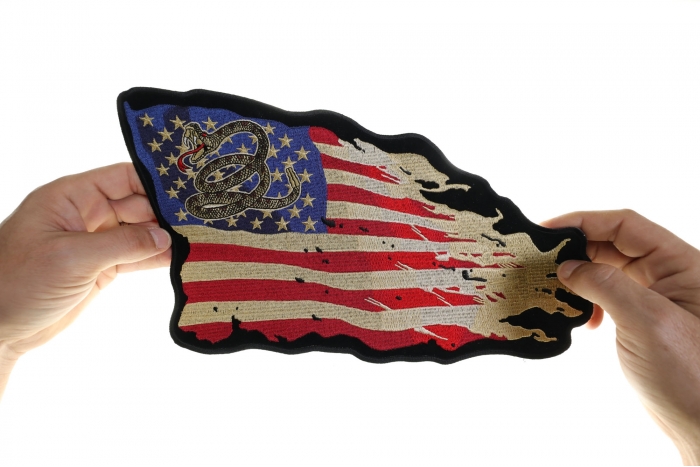 Don't Tread on Me American Flag Patch, Large Patriotic Patches shown on hand for size comparison