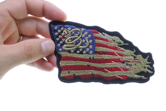 Old American Flag Patch, Small Embroidered Iron on Patches shown on hand for size comparison