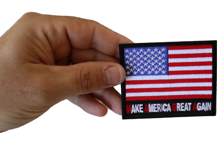 Make America Great Again MAGA US Flag Patch shown on hand for size comparison