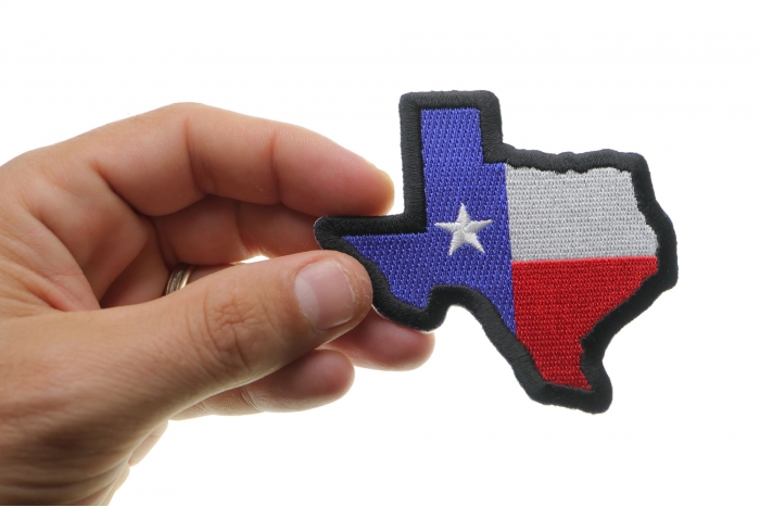 Texas Map Texas Flag Black Border Patch shown on hand for size comparison