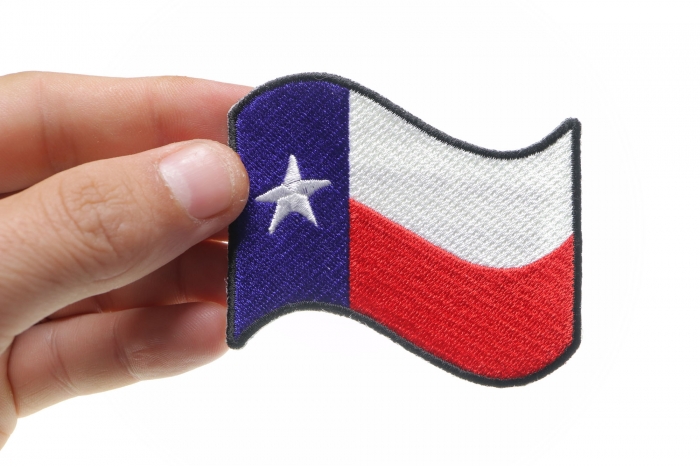 Waving Texas Flag Patch, Flag Patches shown on hand for size comparison
