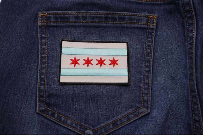 Chicago City Flag Patch shown on jeans