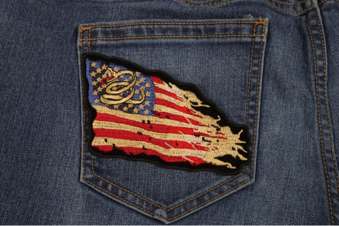 Don't Tread on Me Tattered US Flag Patch shown on jeans
