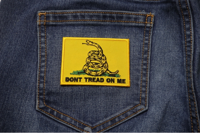 Gadsden Flag Don't Tread On Me Patch shown on jeans