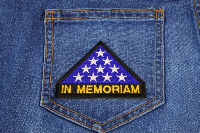 In Memoriam Folded Flag Patch shown on jeans
