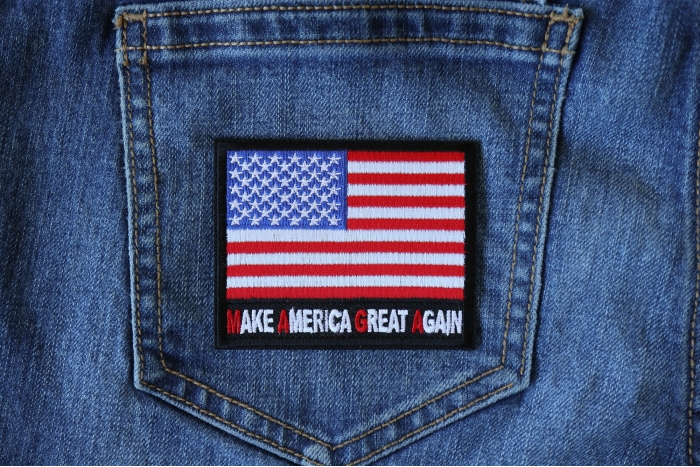 Make America Great Again MAGA US Flag Patch shown on jeans