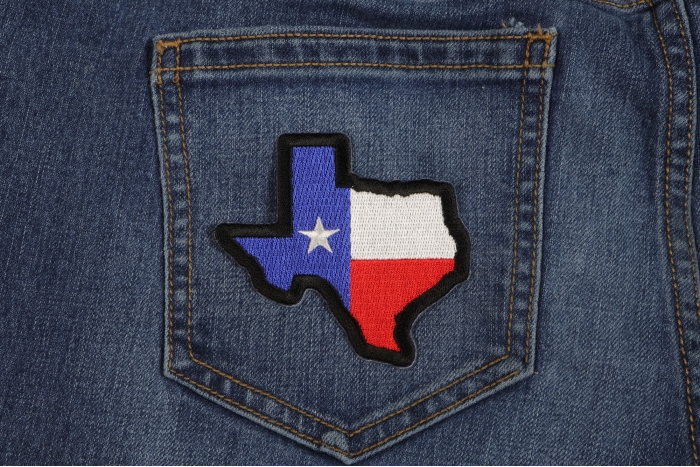 Texas Map Texas Flag Black Border Patch shown on jeans