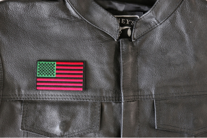 American Flag with African Colors Iron on Patch - 3.2x2 inch - Embroidered Iron on Patch shown on leather vest