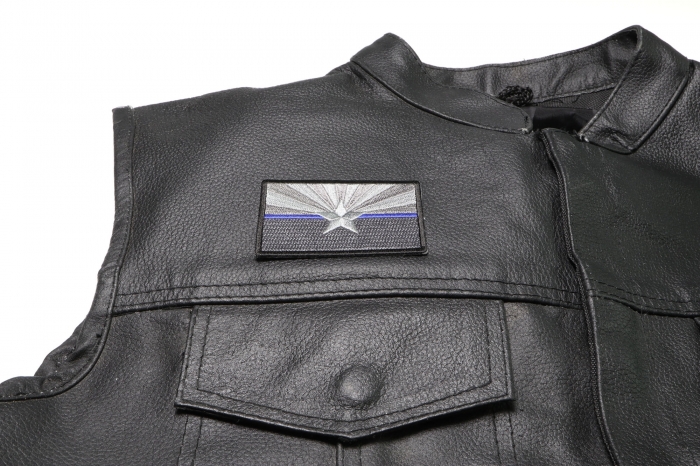 Arizona State Flag Blue Line Patch - 3x2 inch Embroidered Iron on Patch shown on leather vest