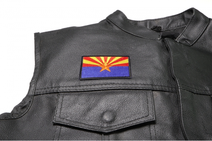 Arizona State Flag Patch - 3x2 inch shown on leather vest