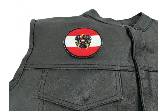 Austrian Flag Patch - 3x3 inch. Embroidered Iron on Patch shown on leather vest