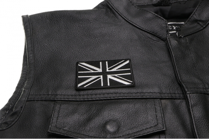 Black and White UK Flag Patch - 3x2 inch. Embroidered Iron on Patch shown on leather vest