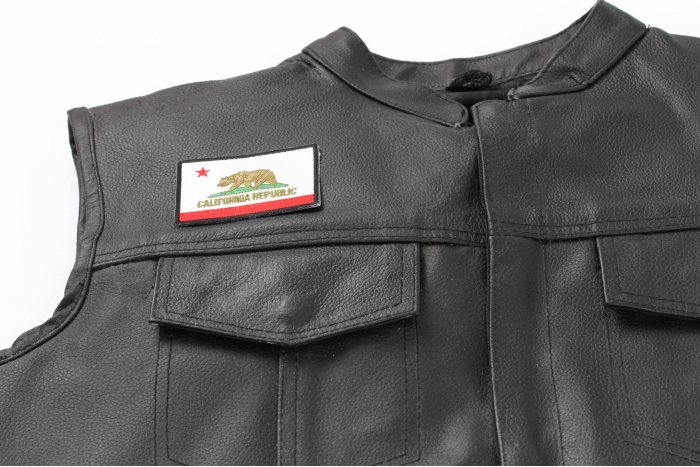 California Republic Flag Patch - 3x2 inch. Embroidered Iron on Patch shown on leather vest