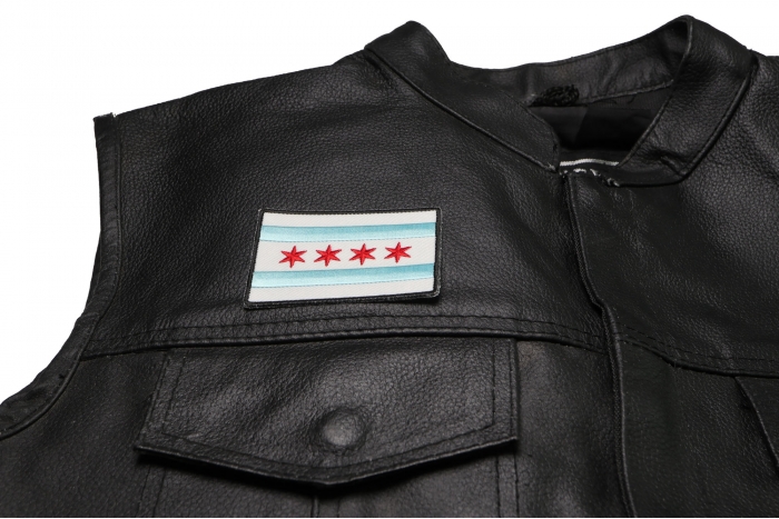 Chicago City Flag Patch - 3x2 inch. Embroidered Iron on Patch shown on leather vest