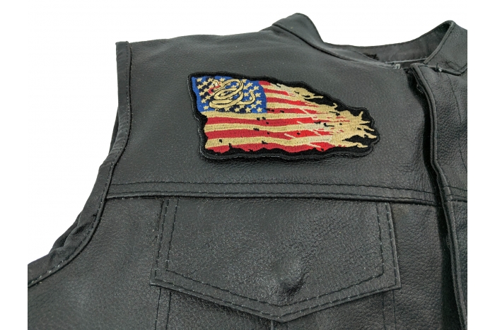 Don't Tread on Me Tattered US Flag Patch - 4.5x3.5 inch. Embroidered Iron on Patch shown on leather vest