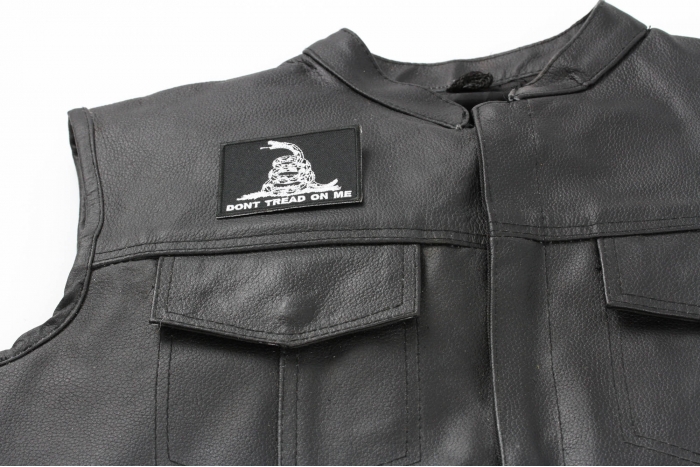 Don't Tread On Me Black White Patch - 3x2 inch. Embroidered Iron on Patch shown on leather vest
