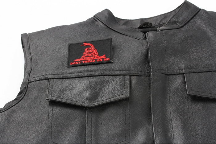 Don't Tread On Me Gadsden Flag Red Over Black Patch - 3x2.25 inch. Embroidered Iron on Patch shown on leather vest