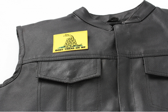 Gadsden Flag Don't Tread On Me Patch - 3x2 inch. Embroidered Iron on Patch shown on leather vest