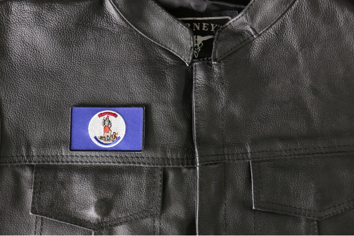 Historical Virginia Flag Iron on Patch - 3x1.8 inch - Embroidered Iron on Patch shown on leather vest