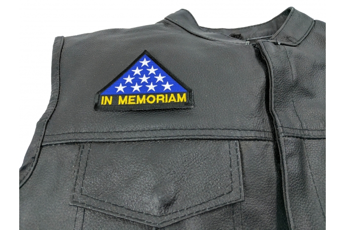 In Memoriam Folded Flag Patch - 3.5x2.5 inch. Embroidered Iron on Patch shown on leather vest