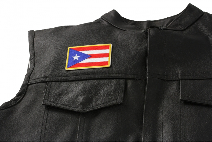 Puerto Rican Flag - 3x2 inch. Embroidered Iron on Patch shown on leather vest
