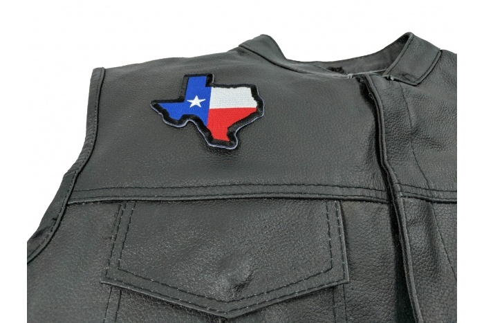 Texas Map Texas Flag Black Border Patch - 3.25x3 inch. Embroidered Iron on Patch shown on leather vest