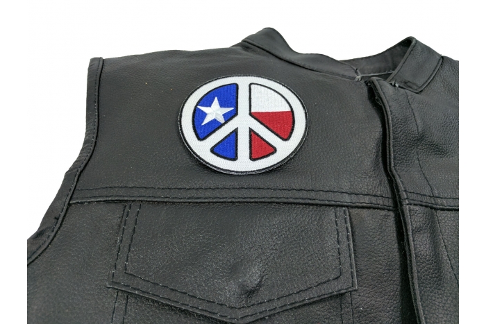 White Texas Peace Patch - Iron on Patch - 3.5x3.5 inch shown on leather vest