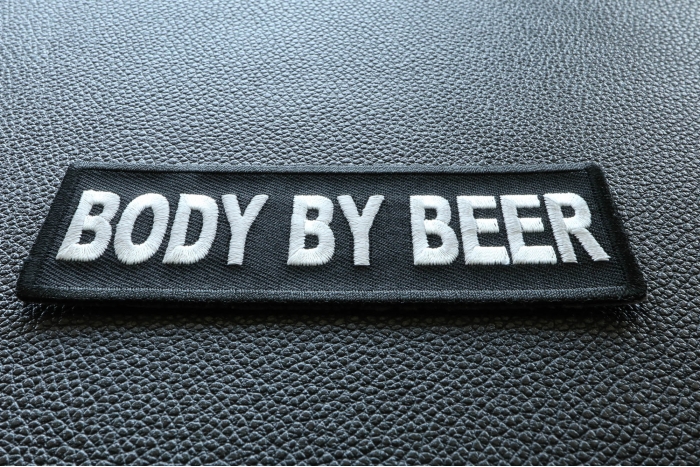 Body By Beer Funny Iron on Patch diagonal view