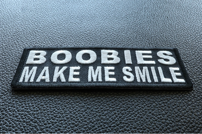 Boobies Make Me Smile Funny Iron on Patch diagonal view