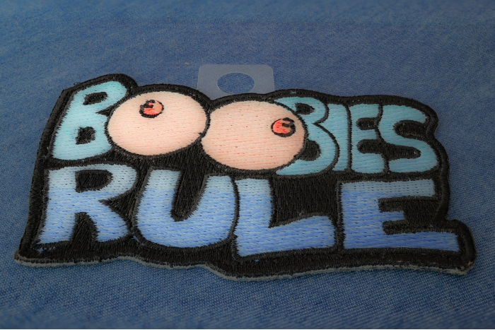 Boobies Rule Funny Iron on Patch diagonal view