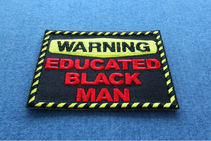 Warning Educated Black Man Funny Iron on Patch diagonal view