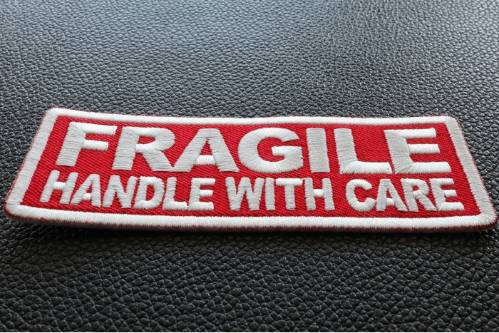 Fragile Handle with Care Funny Iron on Patch diagonal view