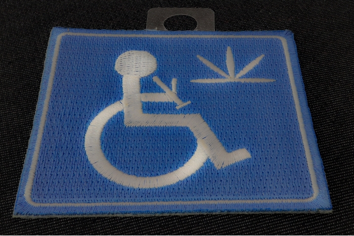 Handicap Stoner With Bong Iron on Funny Iron on Patch diagonal view