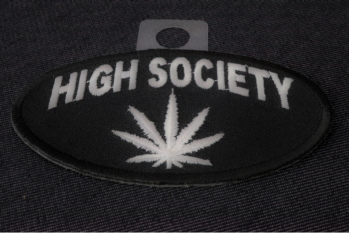 High Society Funny Iron on Patch diagonal view