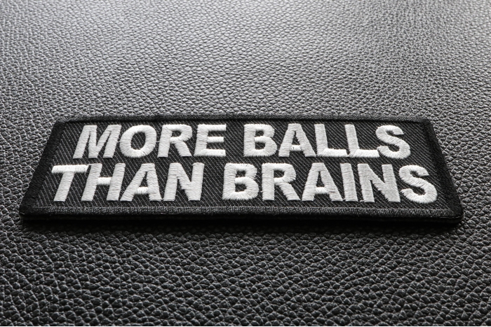 More Balls Than Brains Funny Iron on Patch diagonal view