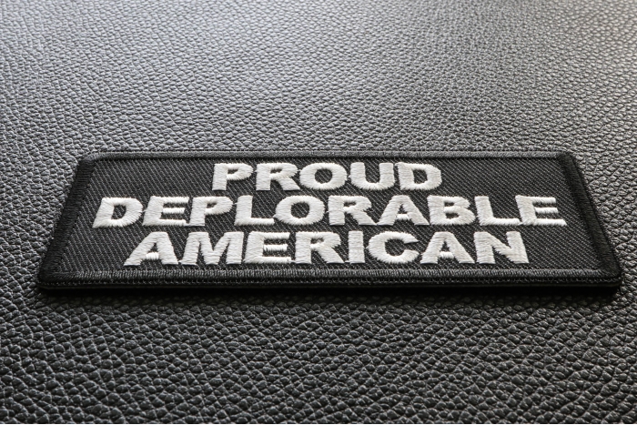 Proud Deplorable American Funny Iron on Patch diagonal view