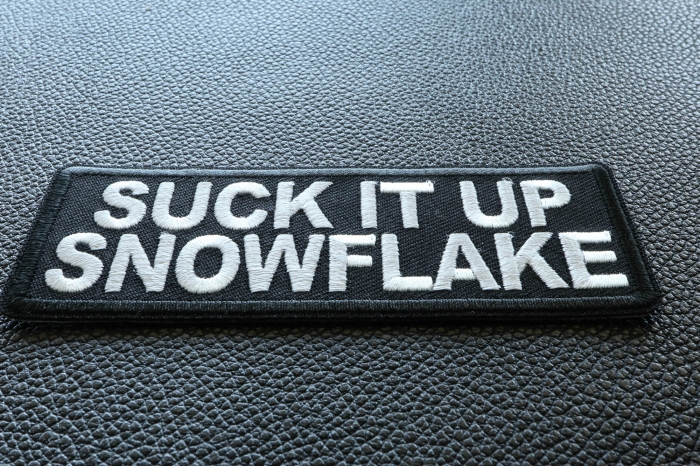 Suck it Up Snowflake Funny Iron on Patch diagonal view