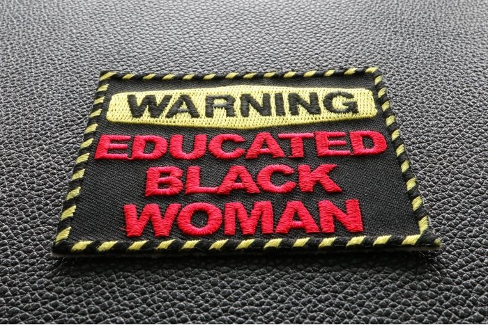 Warning Educated Black Woman Fun Funny Iron on Patch diagonal view