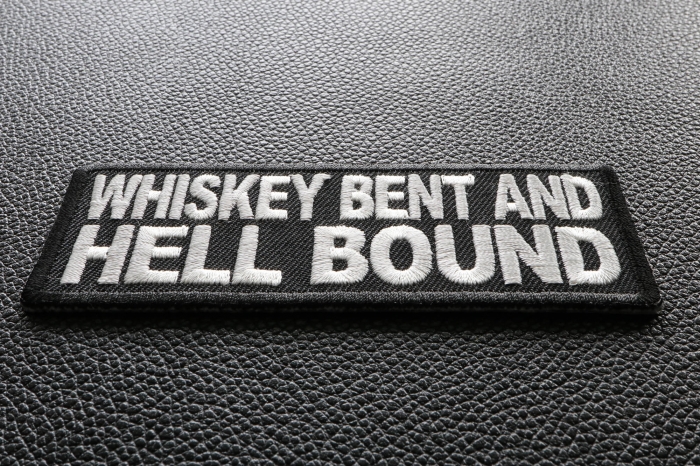 Whiskey Bent and Hell Bound Funny Iron on Patch diagonal view
