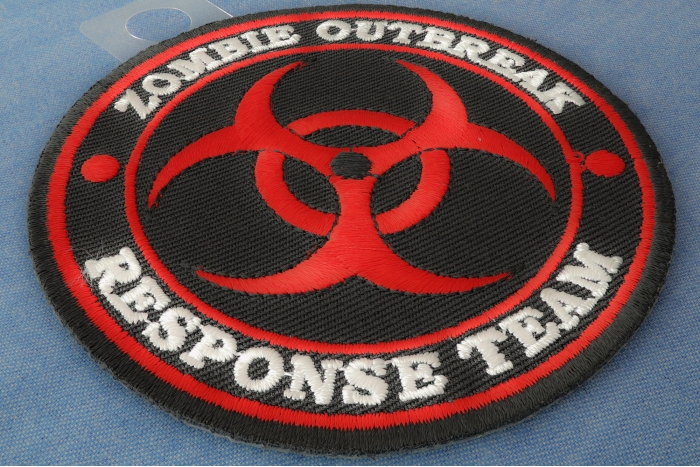 Zombie OutBreak Response Team Red Funny Iron on Patch diagonal view
