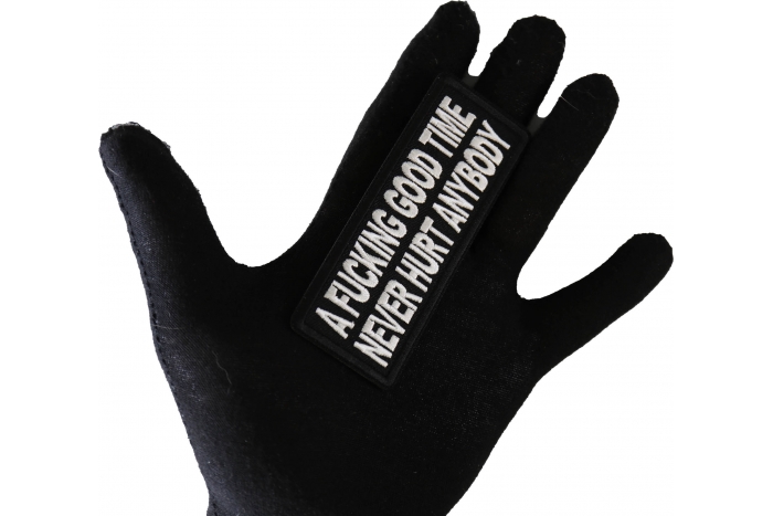 A fucking Good Time never Hurt Anybody Patch, Funny Saying Patches, Sew or Iron on Patch shown on hand for size comparison