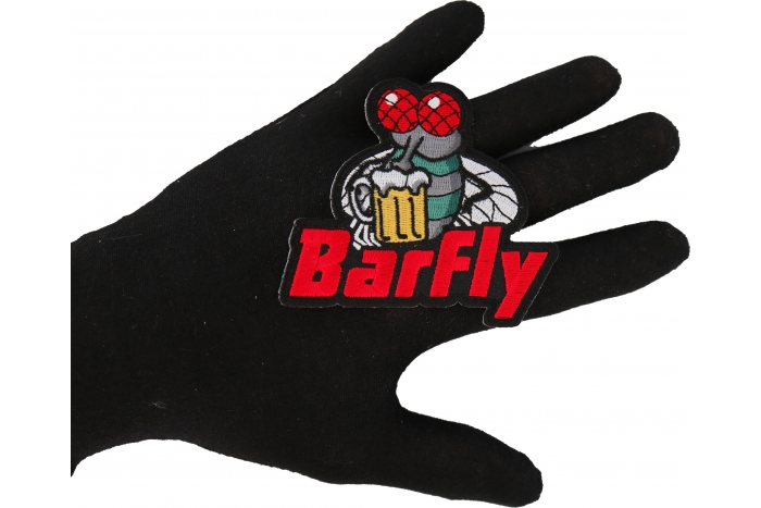 Barfly Biker Funny Iron on Patch shown on hand for size comparison