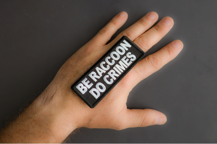 Be Raccoon Do Crimes Patch shown on hand for size comparison