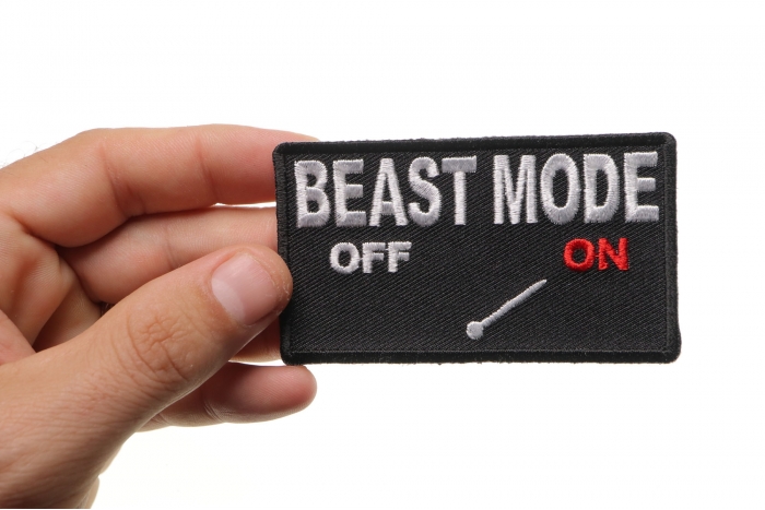 Beast Mode Mode On Funny Iron on Patch shown on hand for size comparison