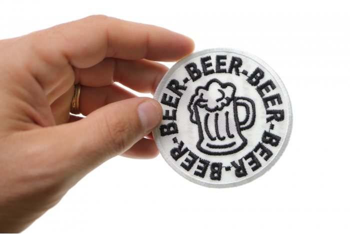 Beer Beer Beer Funny Iron on Patch shown on hand for size comparison