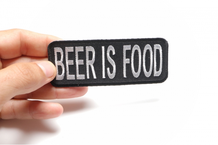 Beer Is Food Funny Patch shown on hand for size comparison