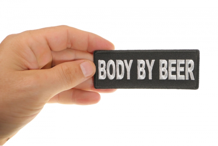 Body By Beer Funny Iron on Patch shown on hand for size comparison