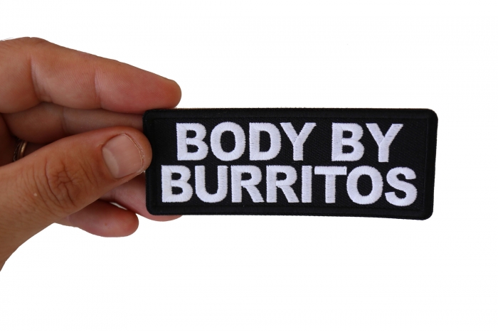 Body by Burritos Funny Iron on Patch shown on hand for size comparison