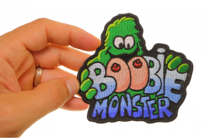 Boobie Monster Patch, Funny Embroidered Iron on Patches shown on hand for size comparison