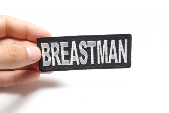 Breastman Funny Iron on Patch shown on hand for size comparison